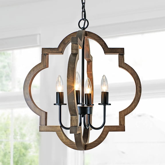4-Light Rustic Orb Wood Chandelier, 19.49" Brown & Black Farmhouse Chandelier for Kitchen Island, Foyer & Dining Room