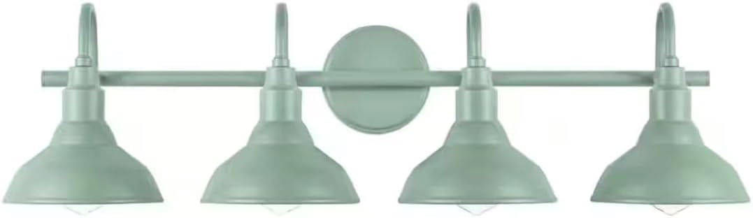 4-Light Rustic Vanity Light in Teal Finish, Bell-Shaped Design, Damp Rated and Dimmable, Ideal for Bathroom Vanities, Hallways, and Mirrors.