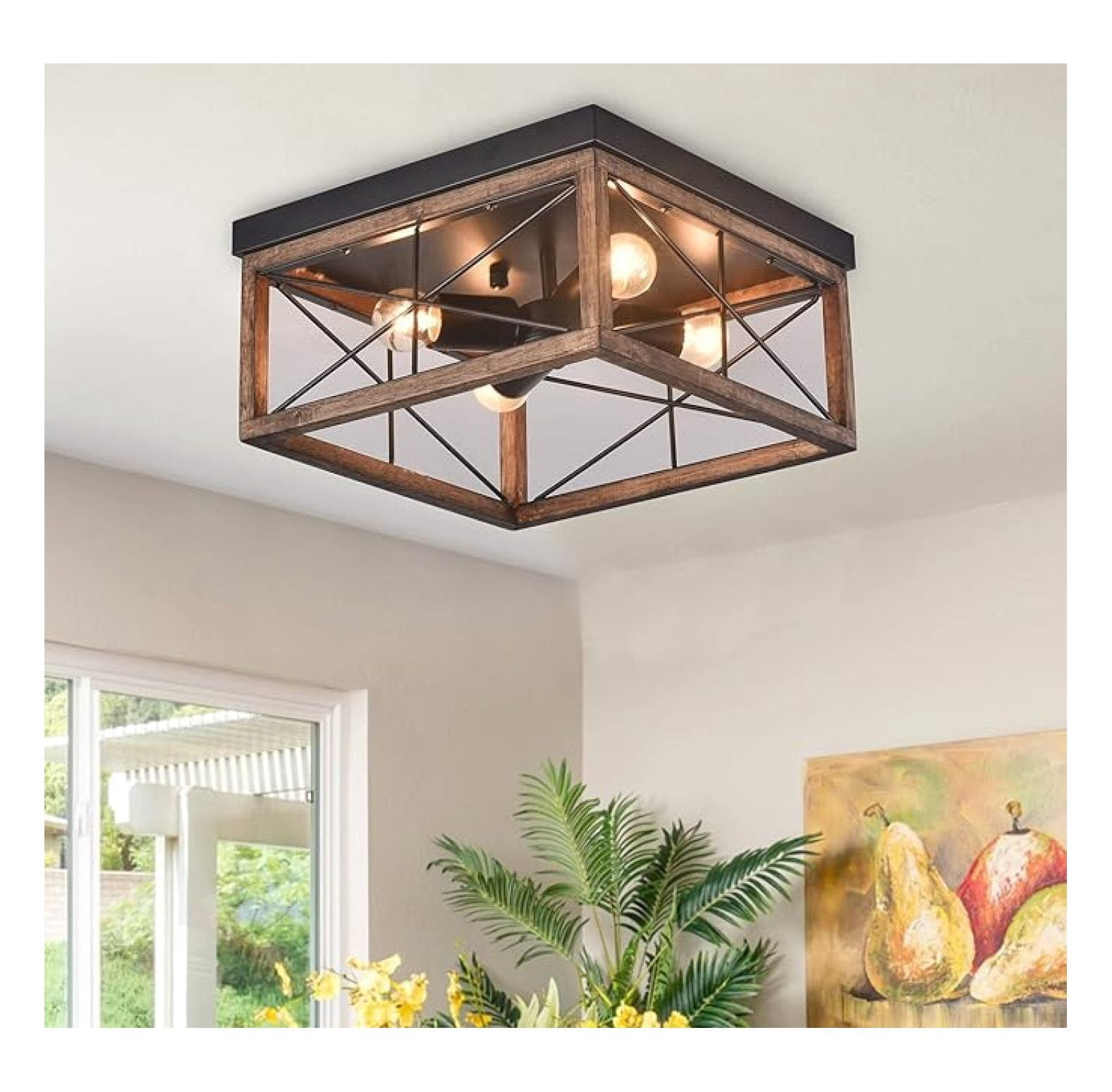 4-Light Rustic Wood Flush Mount Ceiling Light Metal Square Cage Farmhouse Lighting Close to Ceiling Light Fixture Black for Dining Room Bedroom Living Room Kitchen Hallway Entryway Foyer