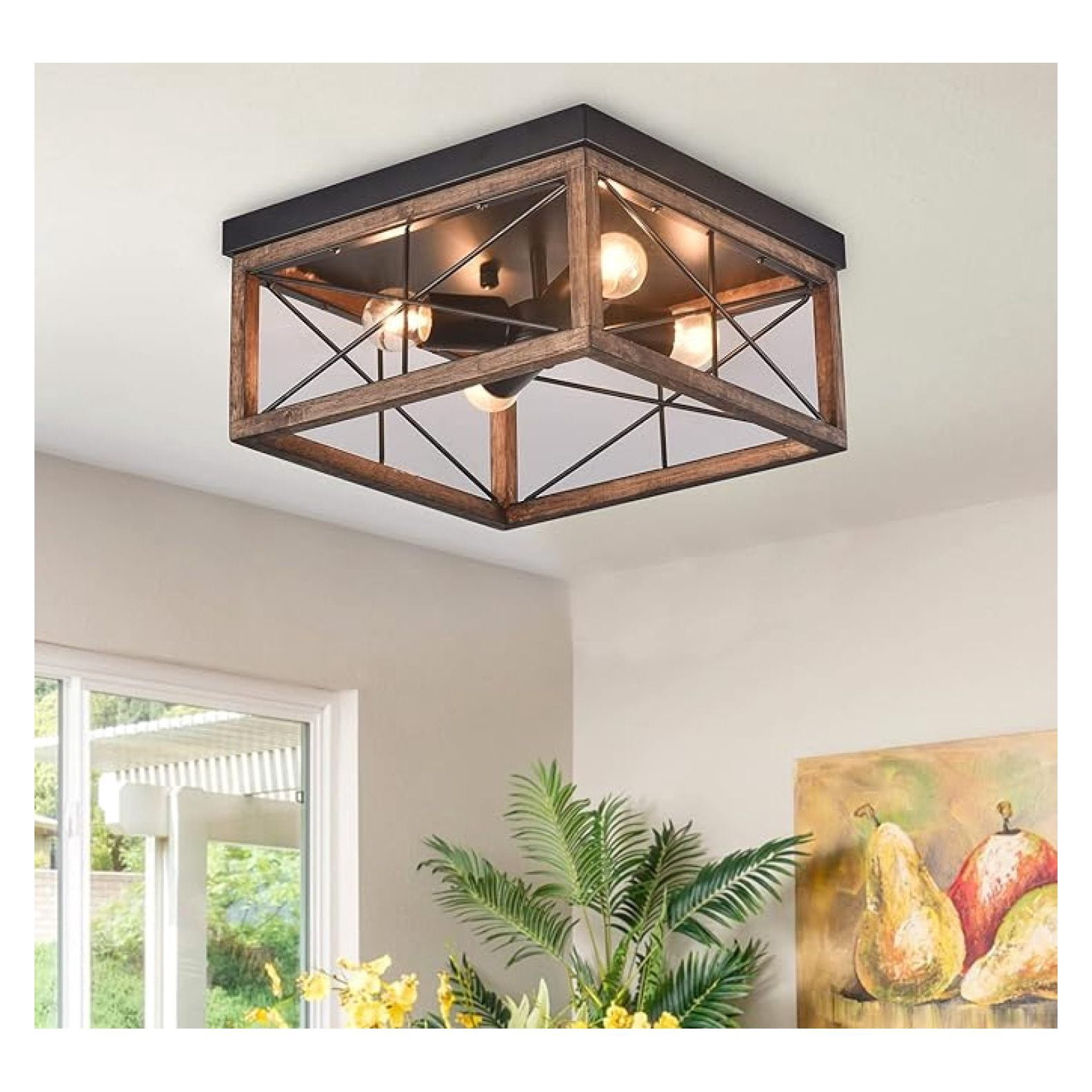 4-Light Rustic Wood Flush Mount Ceiling Light Metal Square Cage Farmhouse Lighting Close to Ceiling Light Fixture Black for Dining Room Bedroom Living Room Kitchen Hallway Entryway Foyer