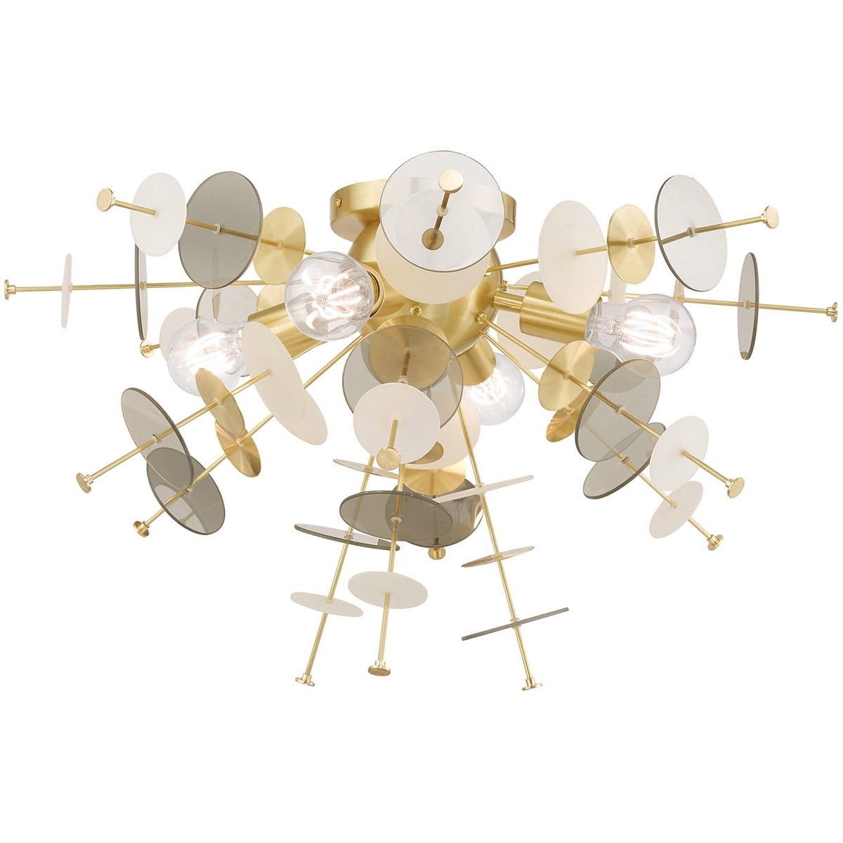 4 Light Satin Brass Ceiling Light fixture with Satin Brass Discs & Glass Discs Shade