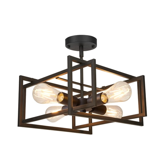 4-Light Semi Flush Mount Ceiling Light, Black Metal Rectangle Frame, For Kitchen Bedroom Hallway