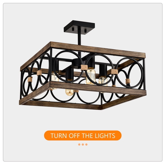 4-Light Square Farmhouse Ceiling Light, Wood & Black Metal Rectangular Pendant Light for Kitchen Island, Dining Room, Living Room, Conference Room & Home Office