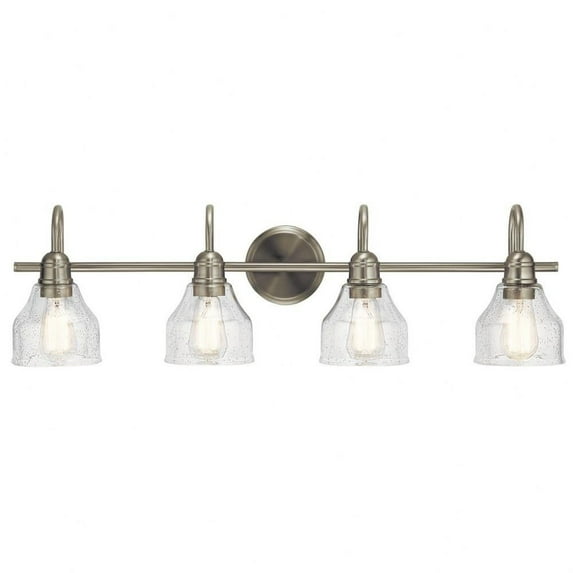 4 Light Vanity Light Approved for Damp Locations with Vintage Industrial Inspirations 9.25 inches Tall By 33.25 inches Wide-Brushed Nickel Finish