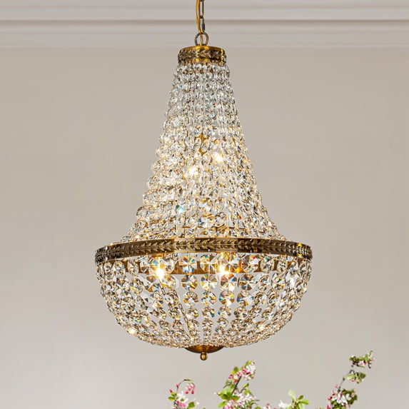 4-Light W 18 in. Vintage And Glam Crystal Basket Chandelier in Antique Gold