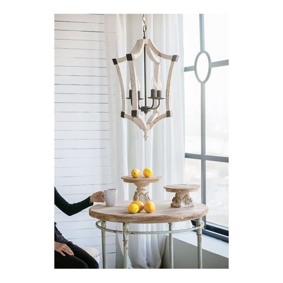 4-Light Wood Chandelier - Distressed White Hanging Light Fixture for Kitchen Island, Dining Room, Foyer - Adjustable Chain - E12 Base - Bulb Not Included
