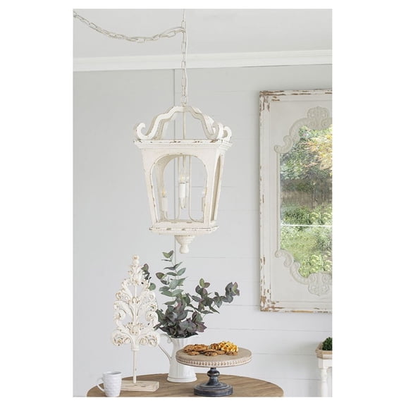 4-Light Wood Chandelier - Distressed White Hanging Light Fixture for Kitchen Dining Room, Adjustable Chain, E12 Base, Bulb Not Included