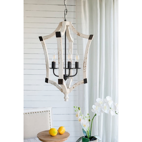 4- Light Wood Chandelier,Hanging Light Fixture with Adjustable Chain for Kitchen Dining Room Foyer Entryway,Bulb Not Included,Cream Wood Lighting Lamps