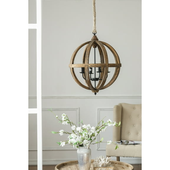4 - Light Wood Chandelier, Hanging Light Fixture with Adjustable Chain for Kitchen Dining Room Foyer Entryway, Bulb Not Included