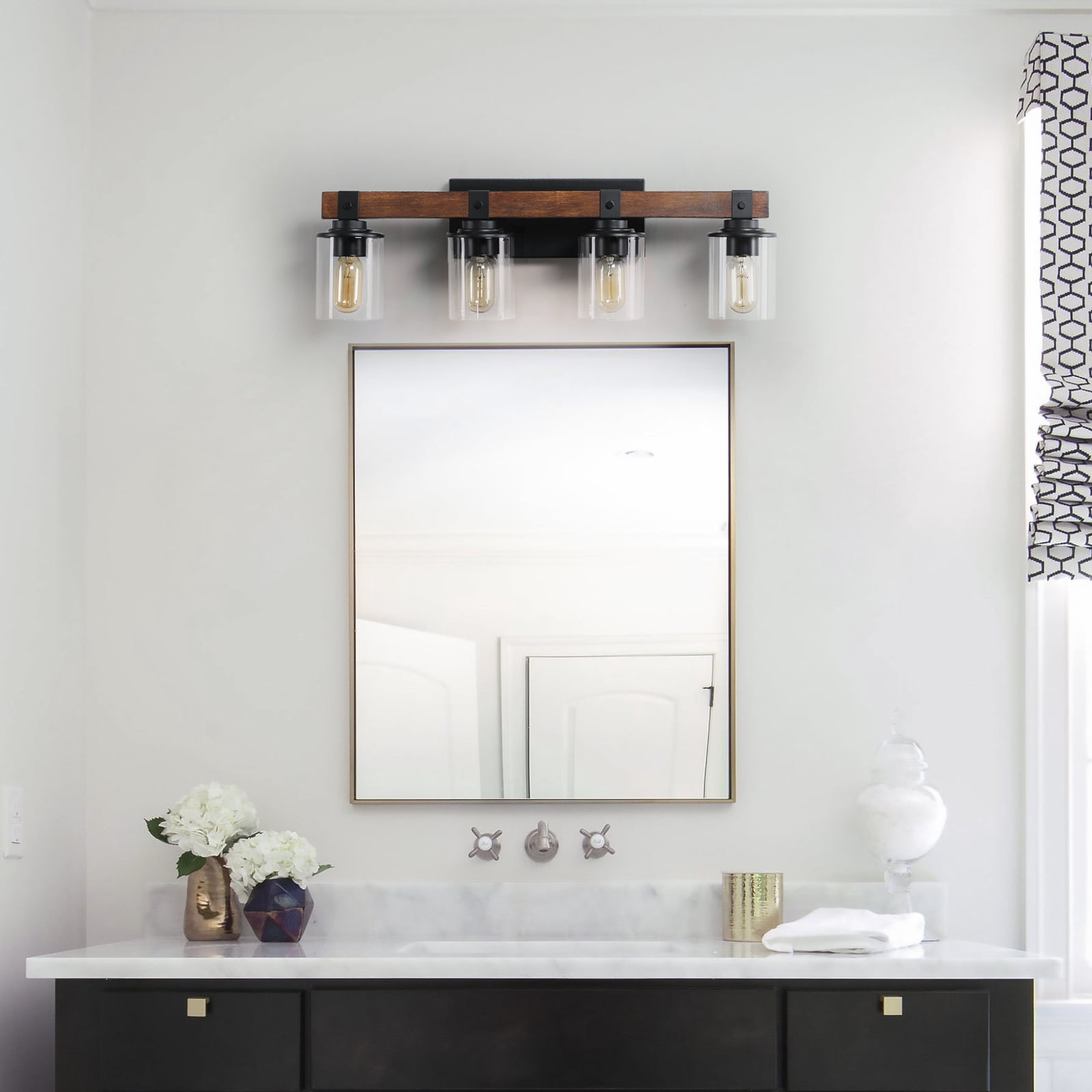 4 Lights 27.2inch Bathroom Vanity Light Fixtures , Wooden Farmhouse Vanity Lights Rustic Bathroom Lights Over Mirror with Clear Glass Shade Black Industrial Wall Sconce