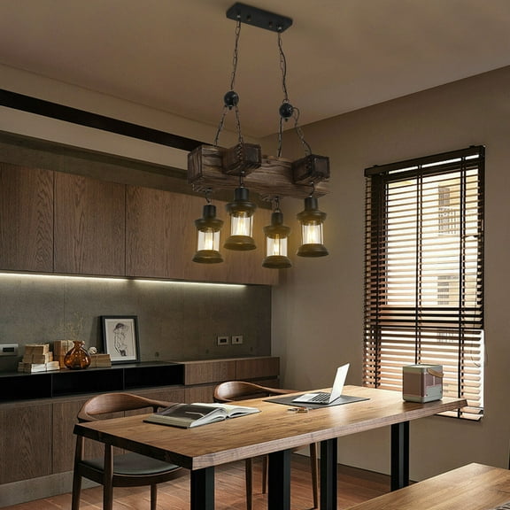 4 Lights Chandelier Rustic Wooden Pendant Lamp Industrial Hanging Ceiling Light Fixture
