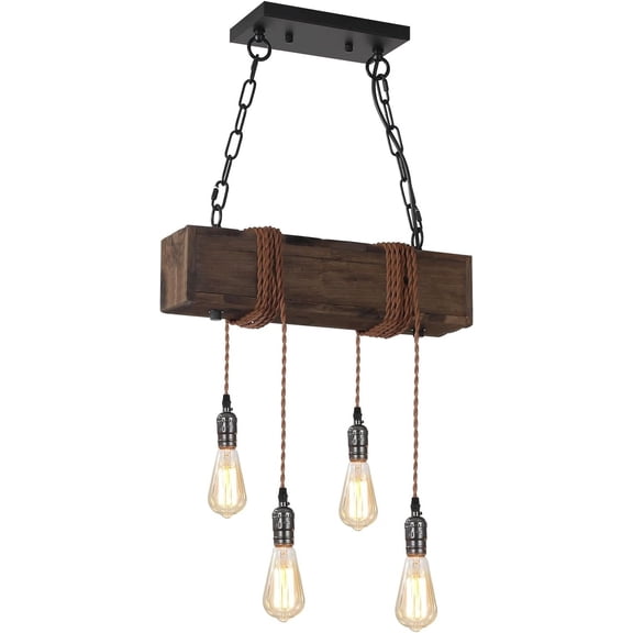 KEESFU Chandelier, Farmhouse Wood & Black Metal, 4-Light