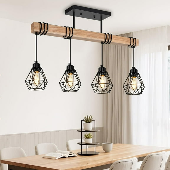 4-Lights Farmhouse Wood Kitchen Island Lighting Dining Room Light Fixtures Chandelier over Table Rustic Black Cage Pendant Lights Ceiling Hanging for Pool Table, Living Room, Hallway