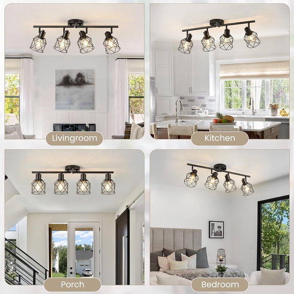 4-Lights Kitchen Track Lighting, Adjustable Multi-Directional Ceiling Light Fixtures, Rotatable Farmhouse Light Fixtures Mount with Metal Cage for Dining Room, Living Room, Bedroom, E26 Base