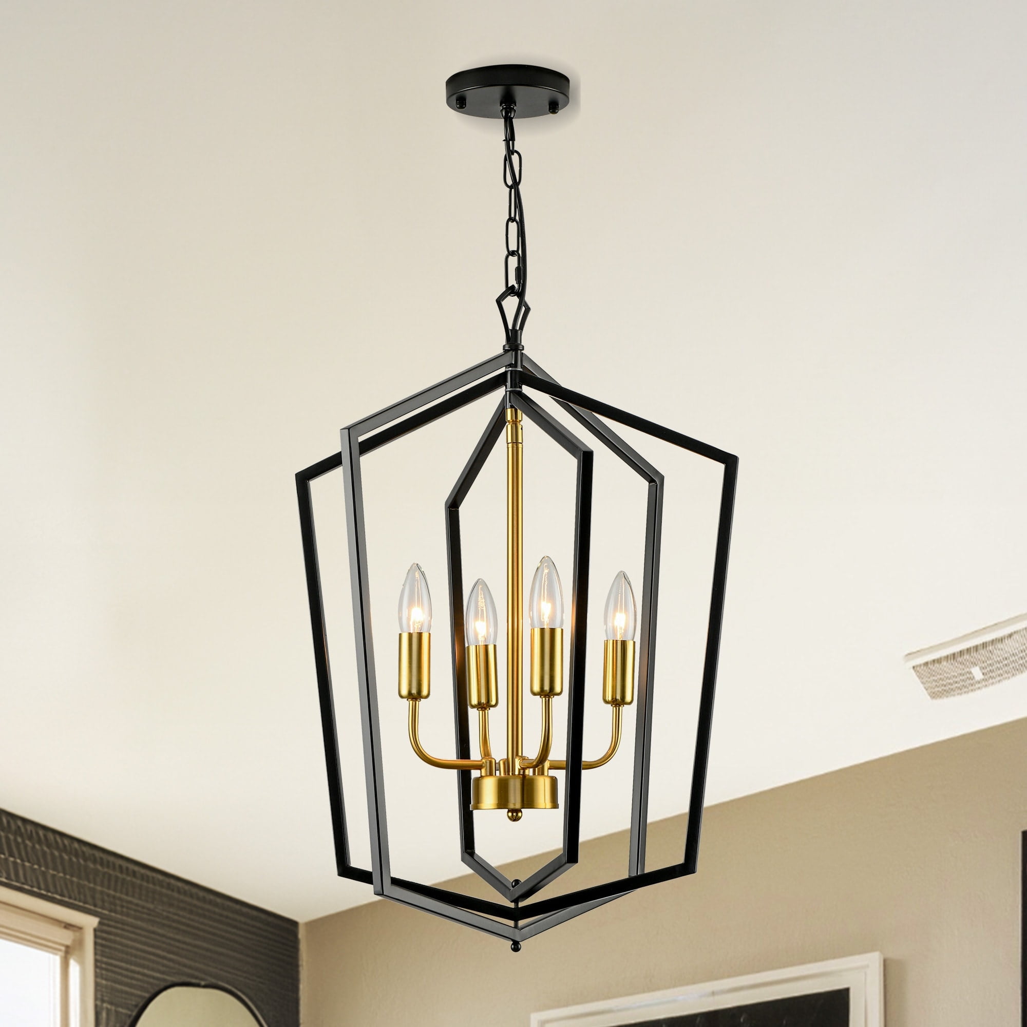 Black and Gold Geometric Lantern Chandelier with Adjustable Chain
