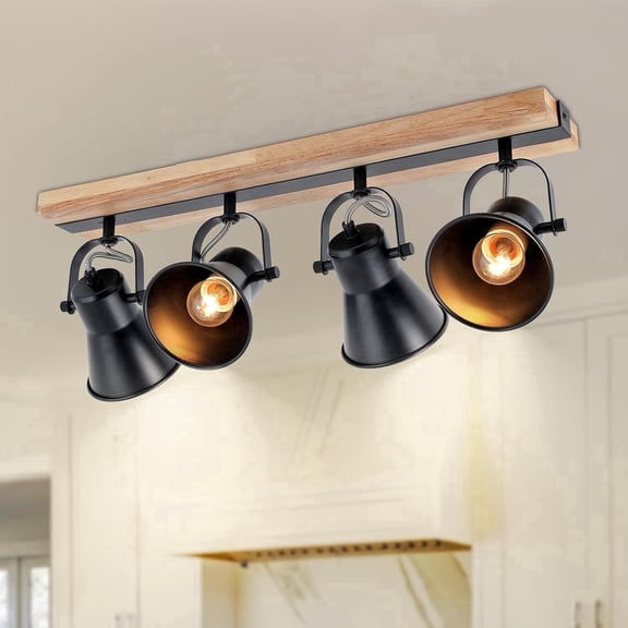 KEESFU 4-Light Rustic Flush Mount Ceiling Light, Industrial Track Lighting Fixture with Wood Base for Kitchen, Dining Room, Living Room, Hallway, Bathroom