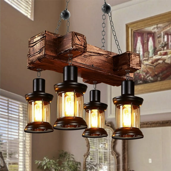 4 Lights Rustic Wood Chandelier, Industrial Vintage Wooden Ceiling Lamp Hanging Pendant Light Retro Suspension Lighting Fixture for Living Dining Room Bedroom Kitchen Restaurant Coffee Shop