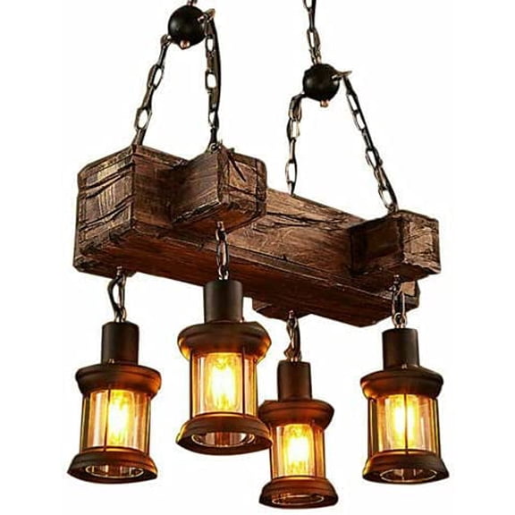 4 Lights Rustic Wood Chandelier, Industrial Vintage Wooden Ceiling Lamp Hanging Pendant Light Retro Suspension Lighting Fixture for Living Dining Room Bedroom Kitchen Restaurant Coffee Shop