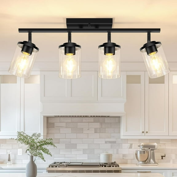 4-Lights Track Lighting Fixtures Ceiling with Clear Glass Shades, Modern Black Semi Flush Mount Ceiling Light, Rotatable Wall Mount Ceiling Lamp for Kitchen Hallway Bedroom