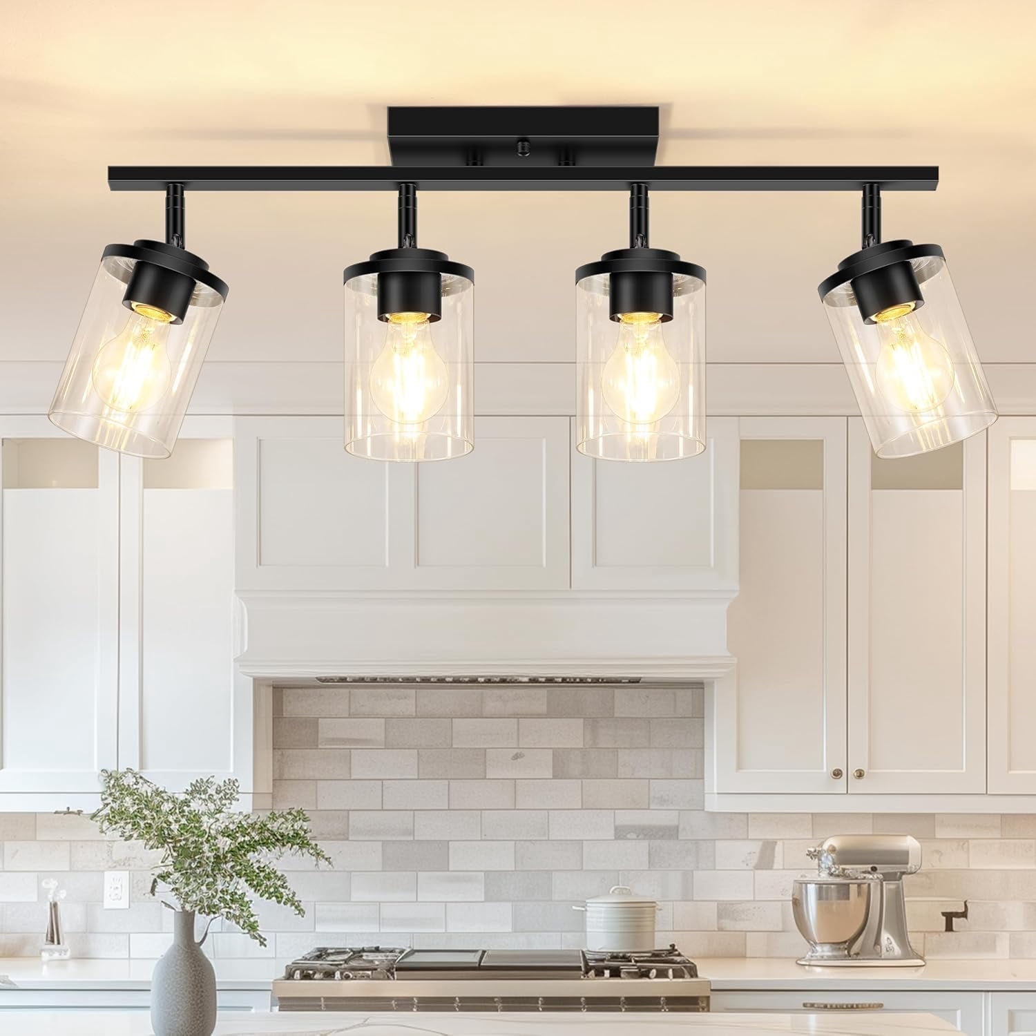 4-Lights Track Lighting Fixtures Ceiling with Clear Glass Shades, Modern Black Semi Flush Mount Ceiling Light, Rotatable Wall Mount Ceiling Lamp for Kitchen Hallway Bedroom