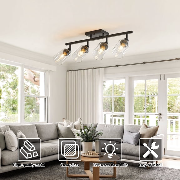 Modern Black 4-Light Track Lighting with Clear Glass Shades, Rotatable for Kitchen
