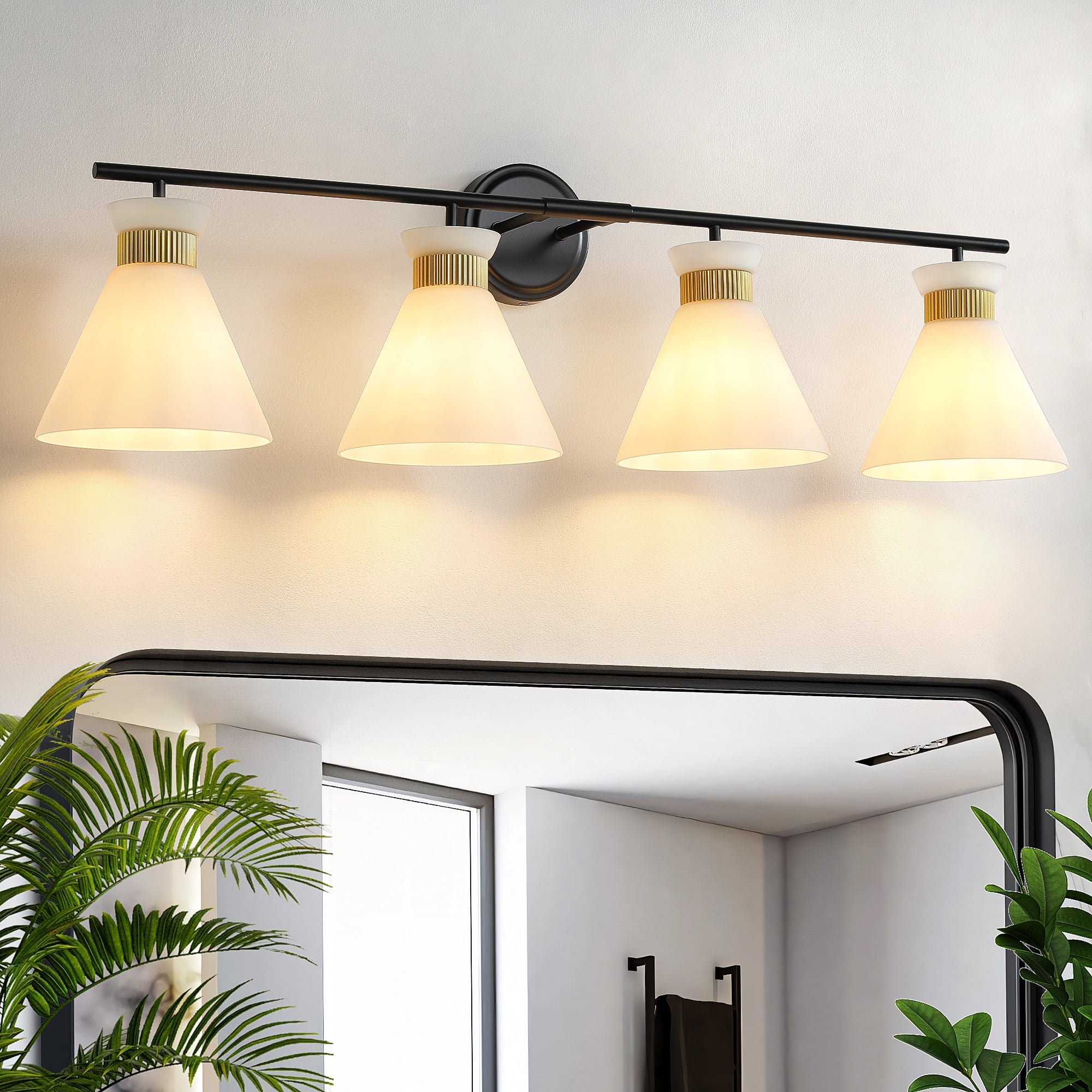 4-Lights Vanity Lights for Bathroom Black and Gold Wall Sconce Lighting with Frosted Milky Glass for Over Mirror Bedroom Hallway