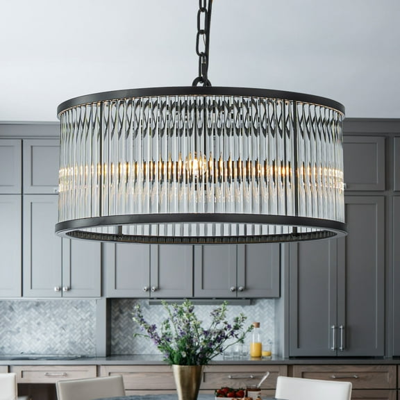 4 Lights W16 in Drum Glass Chandelier in Matte Black Contemporary Round Dimmable Hanging Pendant Light for Dining Room Bedroom