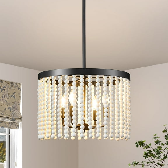 4 Lights Wood Beaded Chandelier, Black Farmhouse Chandelier Light Fixture, Boho Pendant Light Fixtures for Dining Room Living Room Kitchen Entryway