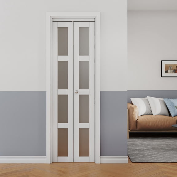 4-Lite Tempered Frosted Glass Closet Bifold Door with Hardware Kit & Knob, Solid Core MDF Wood & PVC Covered Finished, White