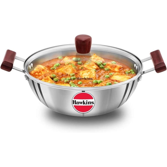 4 Litre Deep Kadhai, Triply Stainless Steel Kadai with Glass Lid, Flat Bottom Induction Kadhai, Big Kadai, Silver (SSK40G)