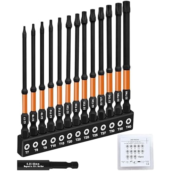 4 Long Impact Torx Bit Set 13pcs (TT7-TT40), S2 Steel Security Torx Bit Set, CNC Machined Tips tamper proof star bits, 1/4 Hex -Shank torx bits with magnetic bit holder and Storage Box