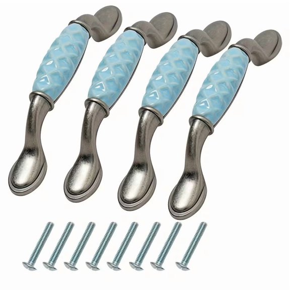 4 Long Strip Ceramic Cabinet Handles with Retro Silver Hardware - Stylish and Durable Drawer Pulls