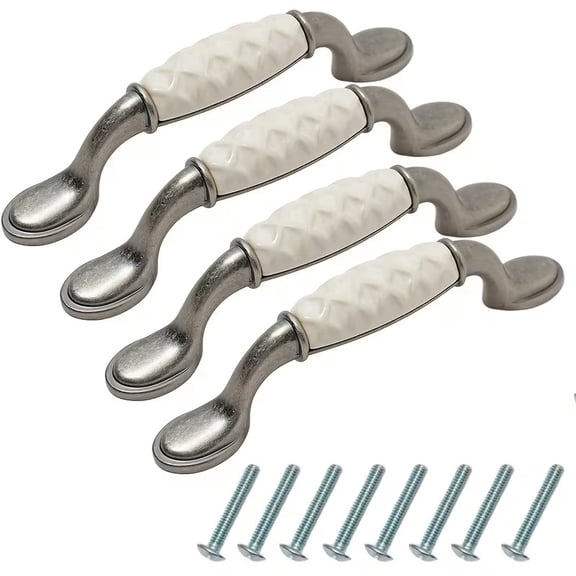 4 Long Strip Ceramic Cabinet Handles with Retro Silver Hardware - Stylish and Durable Drawer Pulls