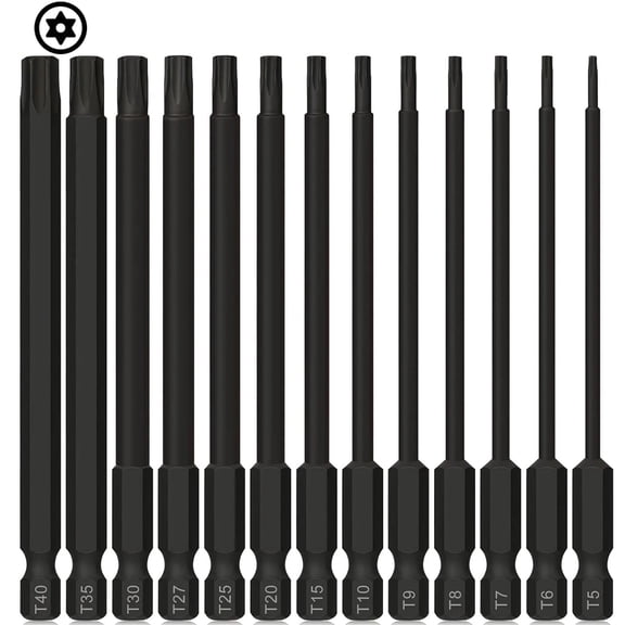4'' Long Torx Bit Set, 13-Piece Security Tamper Proof Torx Star Bits Set, Magnetic S2 Steel T5, T6, T7, T8, T9, T10, T15, T20, T25, T27, T30, T35, T40