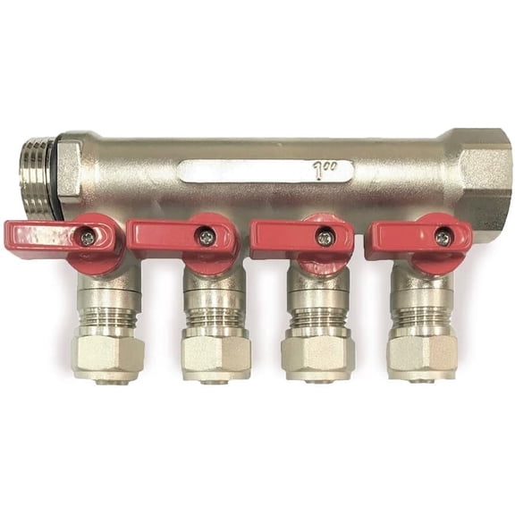 4-Loop PEX Manifold 1" Trunk, 1/2" PEX Outlets Brass Radiant Heat Manifold with Red Ball Valves