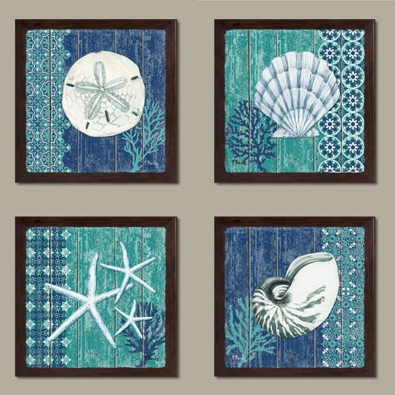 4 Lovely Blue and Teal Ocean Seashell Sand Dollar and Star Fish Set; Four 12x12in Brown Framed Prints, Ready to Hang!