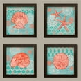 thumbnail image 1 of 4 Lovely Teal and Coral Watercolor-Style Ocean Seashell Sand Dollar and Star Fish Collage Poster Prints; Nautical Decor, Four 12 by 12-Inch Brown Framed Prints, 1 of 1