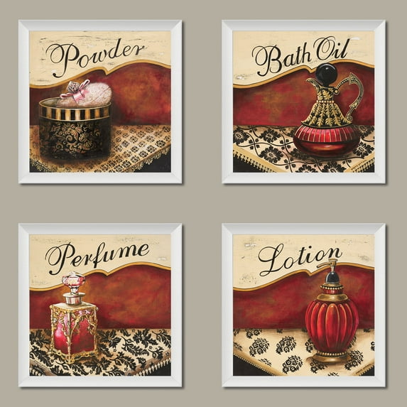 4 Lovely Vintage Red and Gold Perfume, Bath Oil, Lotion and Powder Signs; Four 12x12in White Framed Prints (Meant to look distressed/worn)
