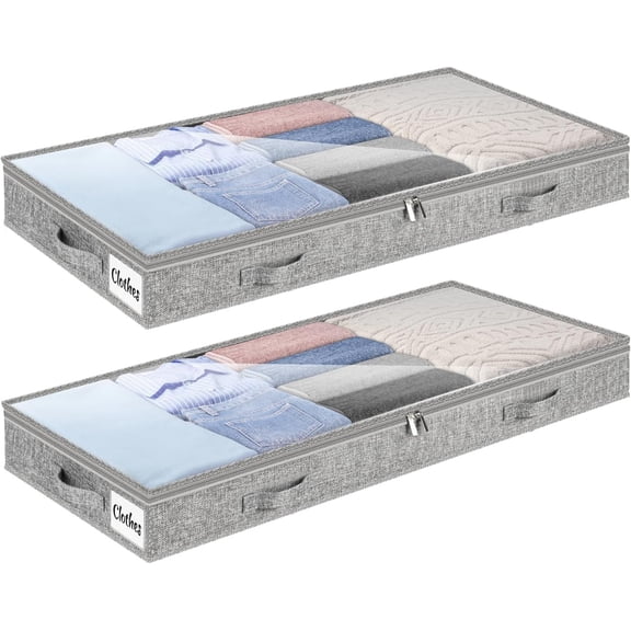 Low Profile Under Bed Storage Drawer 2 Pack, Lightweight Shallow Clothes Organizer Bins with Clear Lids Water-Resistant Fabric, No Structure