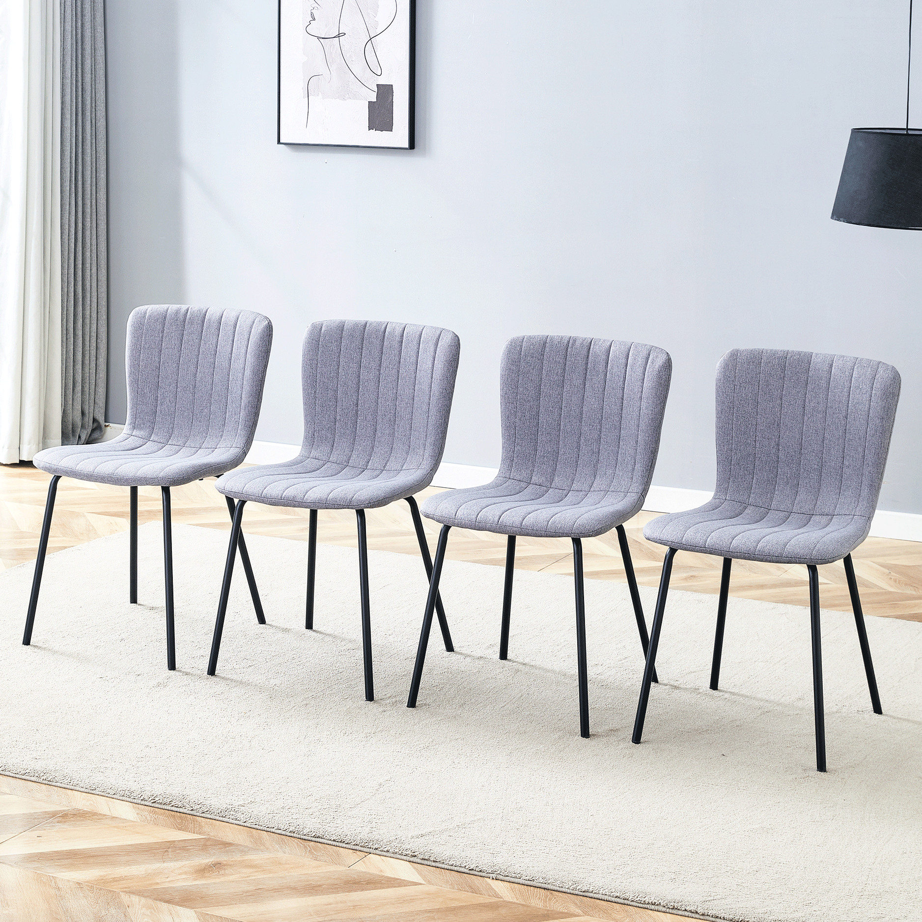 4 Luxury Minimalist Chairs - Black Metal Legs With Linen Seat, Modern ...