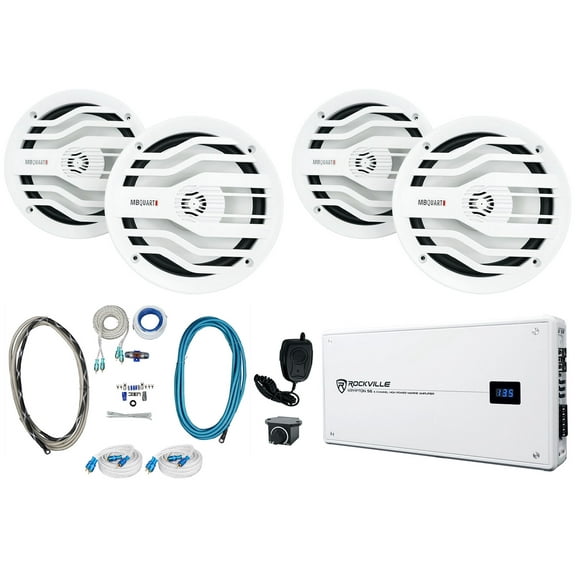 4) MB Quart NK2-116W 6.5" 120w White Marine Boat Speakers+6-Ch Amplifier+Amp Kit
