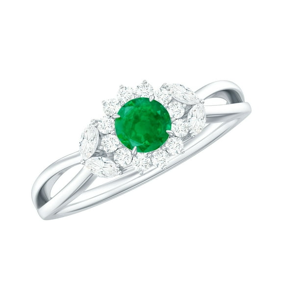 Rosec Jewels 4 MM Emerald Floral Engagement Ring with Diamond for Women, 18K White Gold, US 7.50