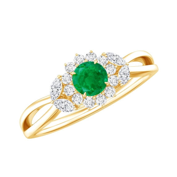 Rosec Jewels Natural Emerald Flower Engagement Ring for Women - Half Carat - AAA Grade - Emerald and Diamond Ring - with Jewelry Box, 18K Yellow Gold, US 3.50