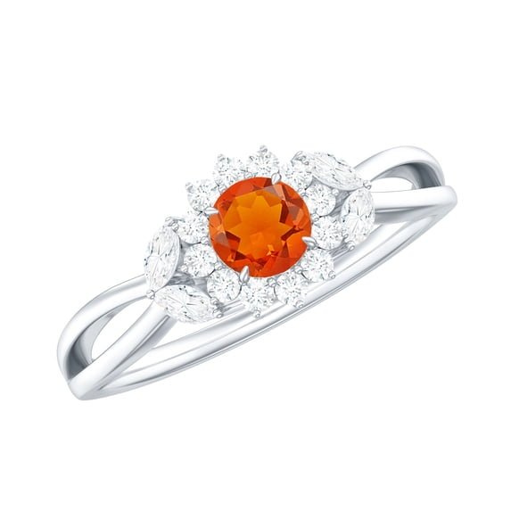 Rosec Jewels 5 MM Fire Opal Flower Engagement Ring with Diamond for Women, 10K White Gold, US 4.50