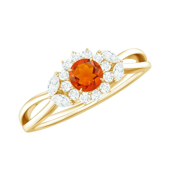 Rosec Jewels 5 MM Fire Opal Flower Engagement Ring with Diamond for Women, 14K Yellow Gold, US 4.00