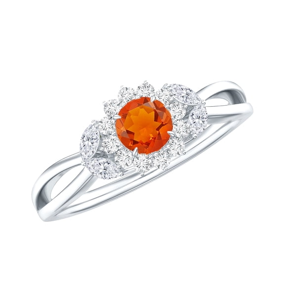 Rosec Jewels Fire Opal Flower Engagement Ring with Diamond for Women, 925 Sterling Silver, US 4.00