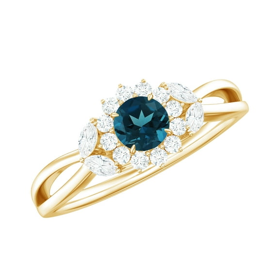 Rosec Jewels 4 MM London Blue Topaz Flower Engagement Ring with Diamond for Women, 10K Yellow Gold, US 13.00