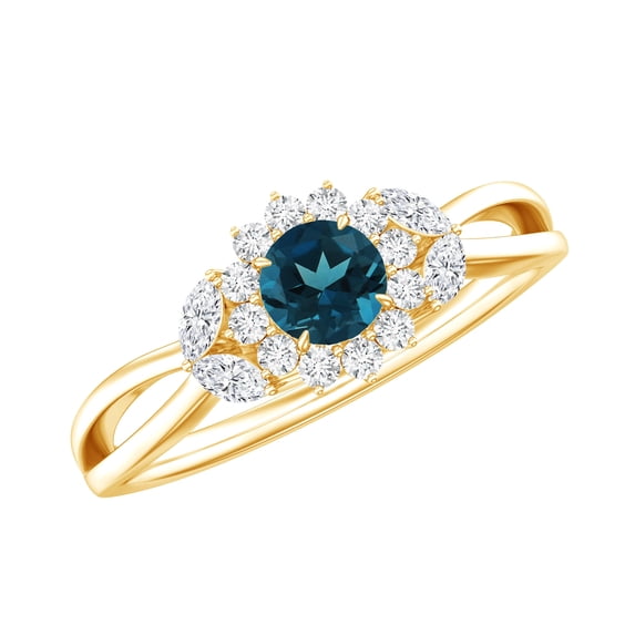 Rosec Jewels Real London Blue Topaz Engagement Ring with Diamond for Women - 0.6 Carat - Nature Inspired Ring - AAA Quality, 18K Yellow Gold, US 3.00