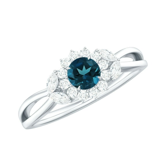 Rosec Jewels 4 MM London Blue Topaz Flower Engagement Ring with Diamond for Women, 925 Sterling Silver, US 4.00