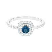 4 MM Round London Blue Topaz and Diamond Double Halo Engagement Ring, 925 Sterling Silver, US 4.00